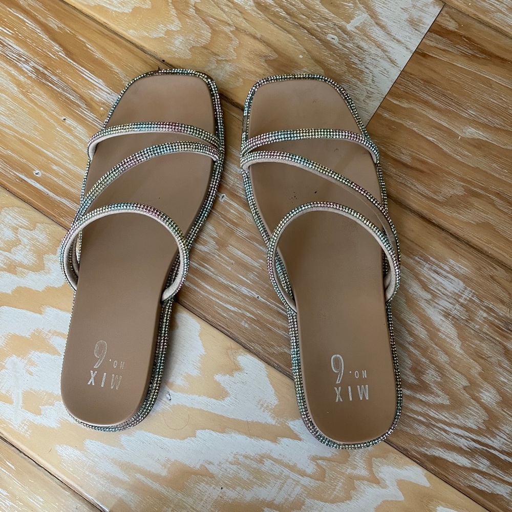 Rainbow rhinestone sandals size 9 worn twice (see images with missing stones)